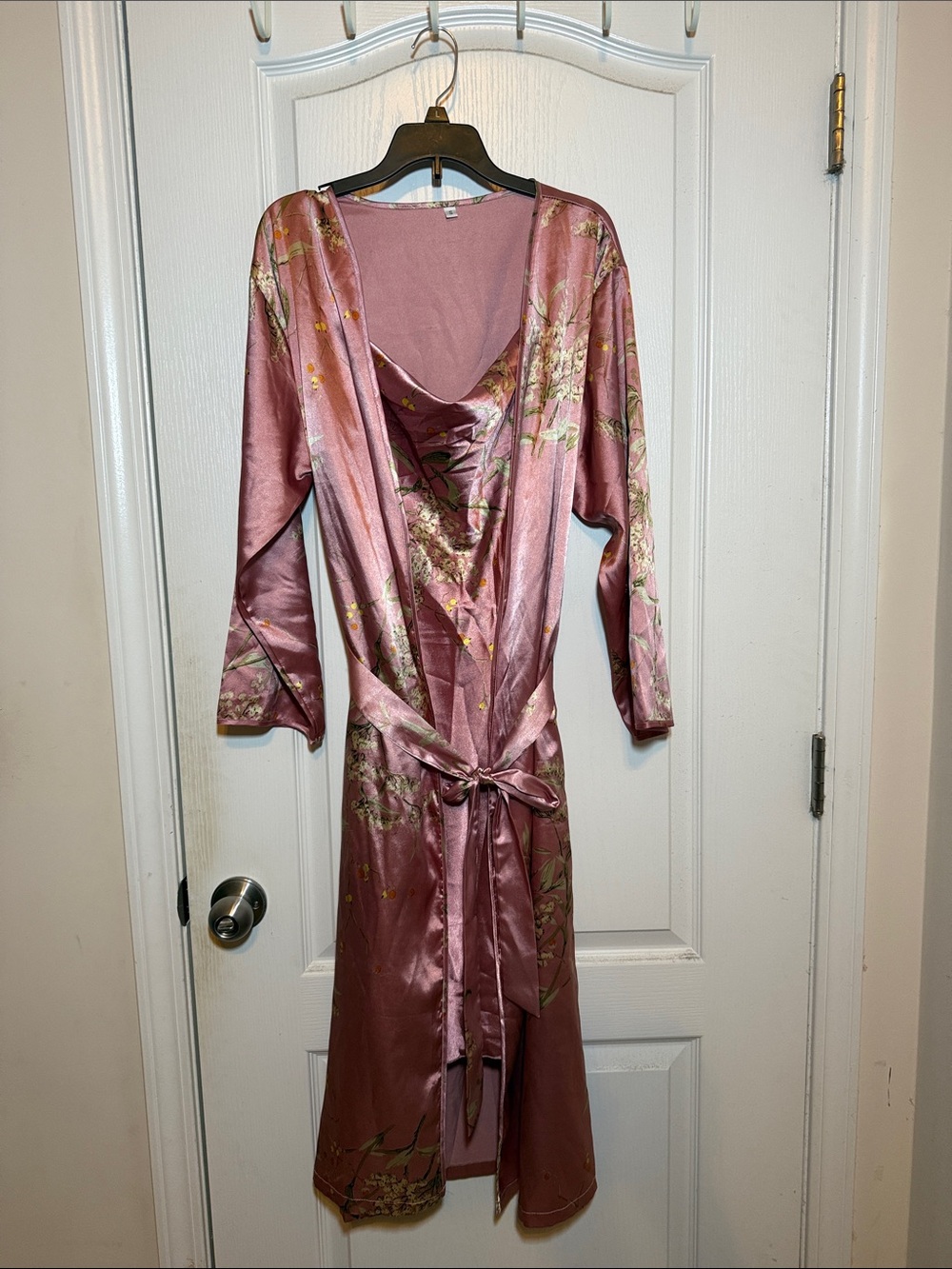 Silky Pink Floral Satin Robe and Chemise Set